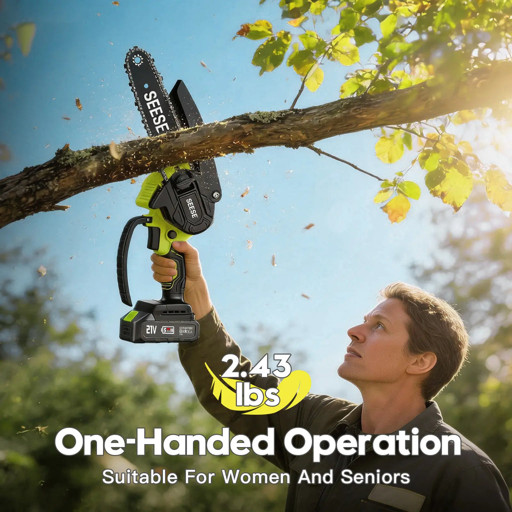 SEESE Brushless Mini Chainsaw - Portable Electric Cordless Saw for Wood Cutting, Batteries (2000Mah) ,Pruning, Gardening, Camping - Suitable for Seniors, Women Holiday Gifts