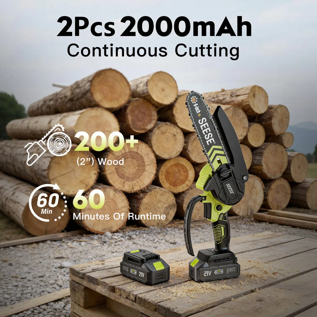 SEESE Brushless Mini Chainsaw - Portable Electric Cordless Saw for Wood Cutting, Batteries (2000Mah) ,Pruning, Gardening, Camping - Suitable for Seniors, Women Holiday Gifts
